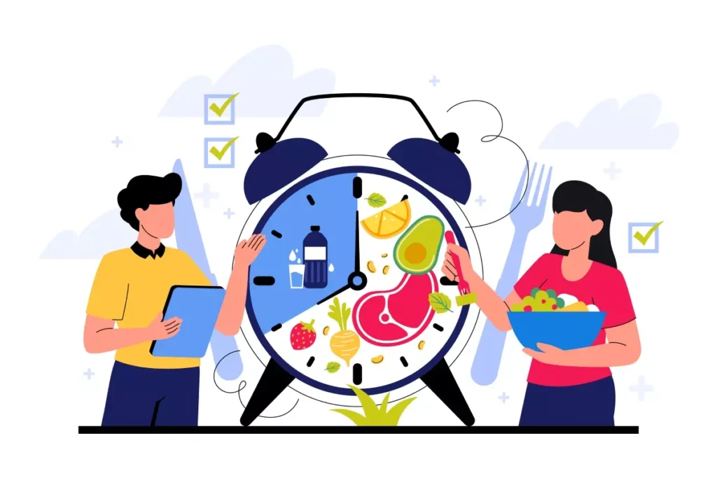 Imagem ilustrativa de uma cozinheira com horas extras, com um relógio que mostra alimentos ao redor e uma pessoa anotando em um tablet, representando horas extras de cozinheira.