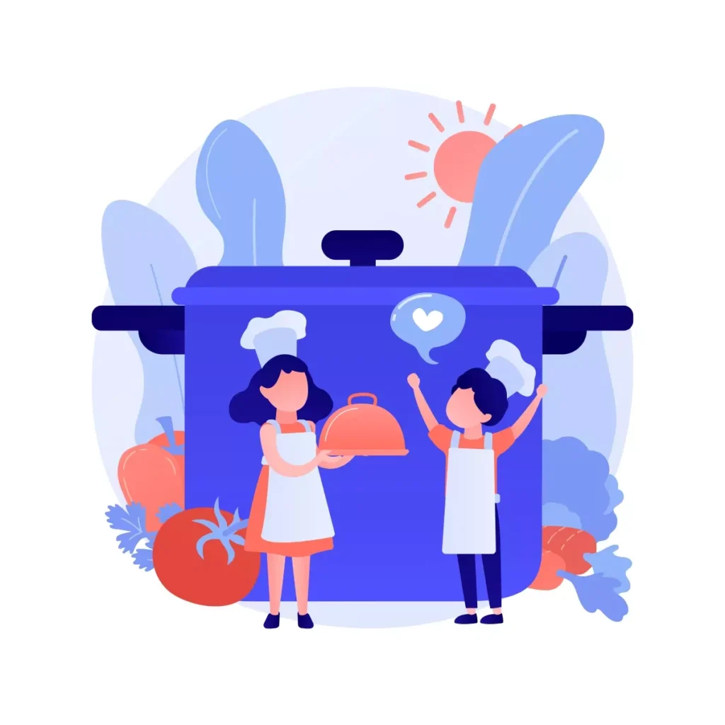 Ilustração de duas pessoas, uma cozinheira e uma criança, ao lado de uma panela grande, simbolizando horas extras de cozinheira, com alimentos e ambiente de cozinha ao fundo.