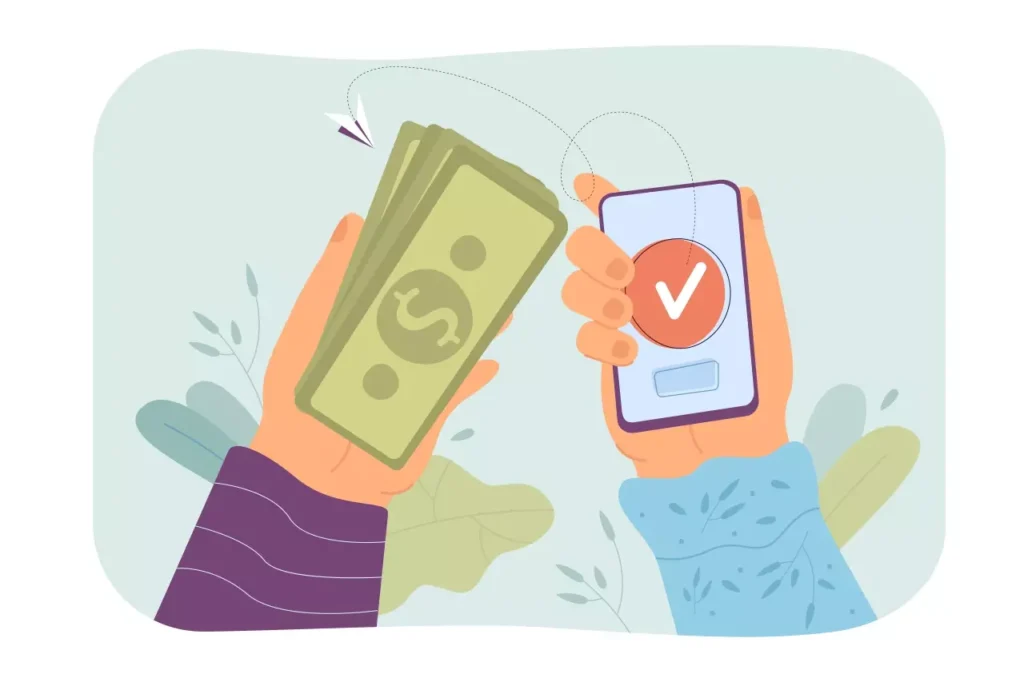Ilustração de pagamento digital para férias de empregada doméstica, com dinheiro e celular exibindo uma confirmação, simbolizando o pagamento de férias de doméstica de forma simples e segura.