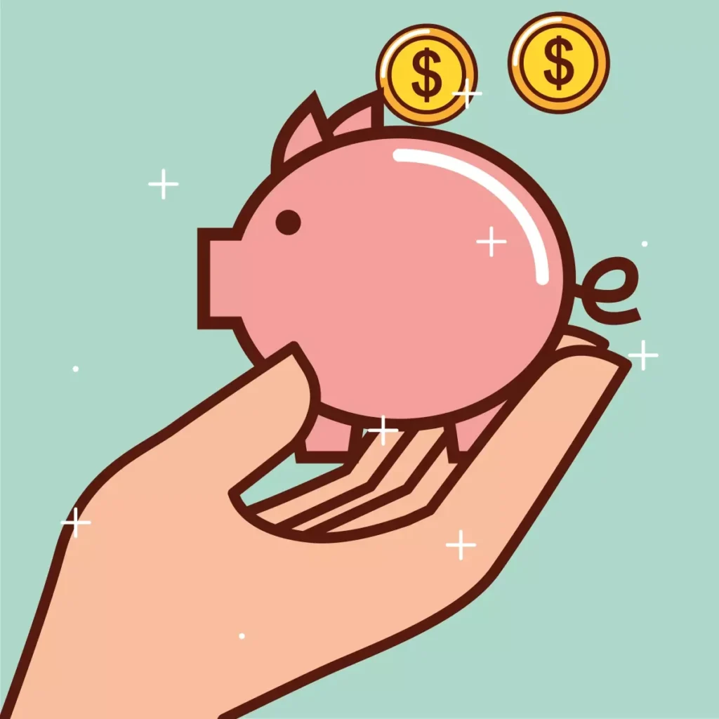 Ilustração de uma mão segurando uma moeda de porquinho rosa com símbolos de dólar, representando o saque de FGTS no emprego doméstico.