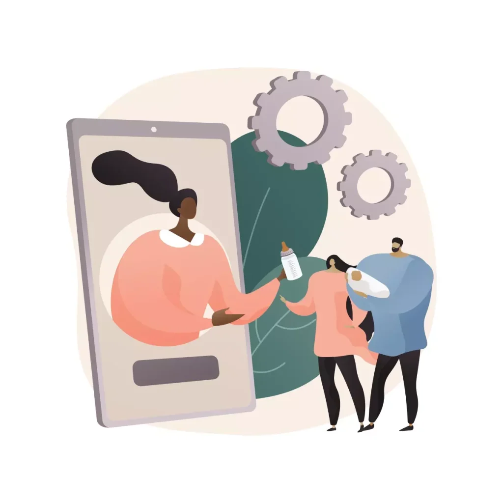 Ilustração representando uma babá conversando com duas pessoas ao lado de um grande smartphone e engrenagens ao fundo, destacando direitos trabalhistas.
