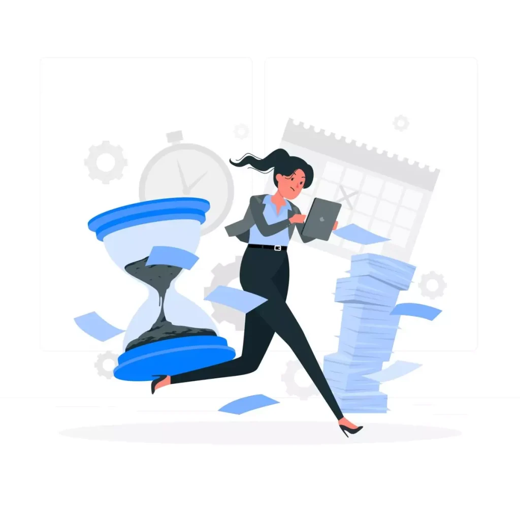 Ilustração representando a importância do prazo para pagamento de rescisão da doméstica, com uma mulher trabalhando ao lado de uma ampulheta e documentos.