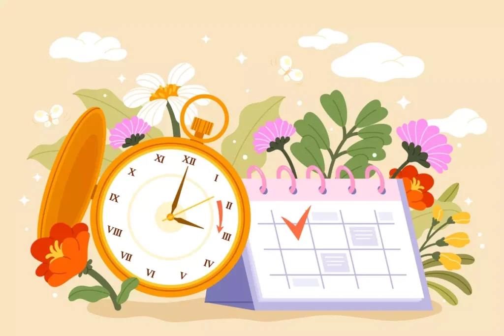 Ilustração de uma agenda e um relógio com centro de calendário, representando o fracionamento de férias no emprego doméstico, com flores ao fundo.