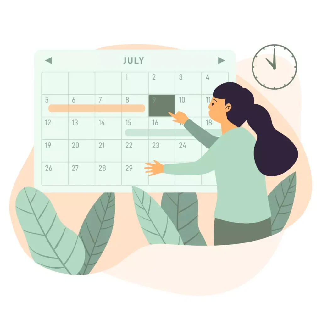 Ilustração de uma mulher marcando a data do fracionamento de férias no calendário de julho, importante para trabalhador doméstico. Elementos de plantas e relógio completam a cena.