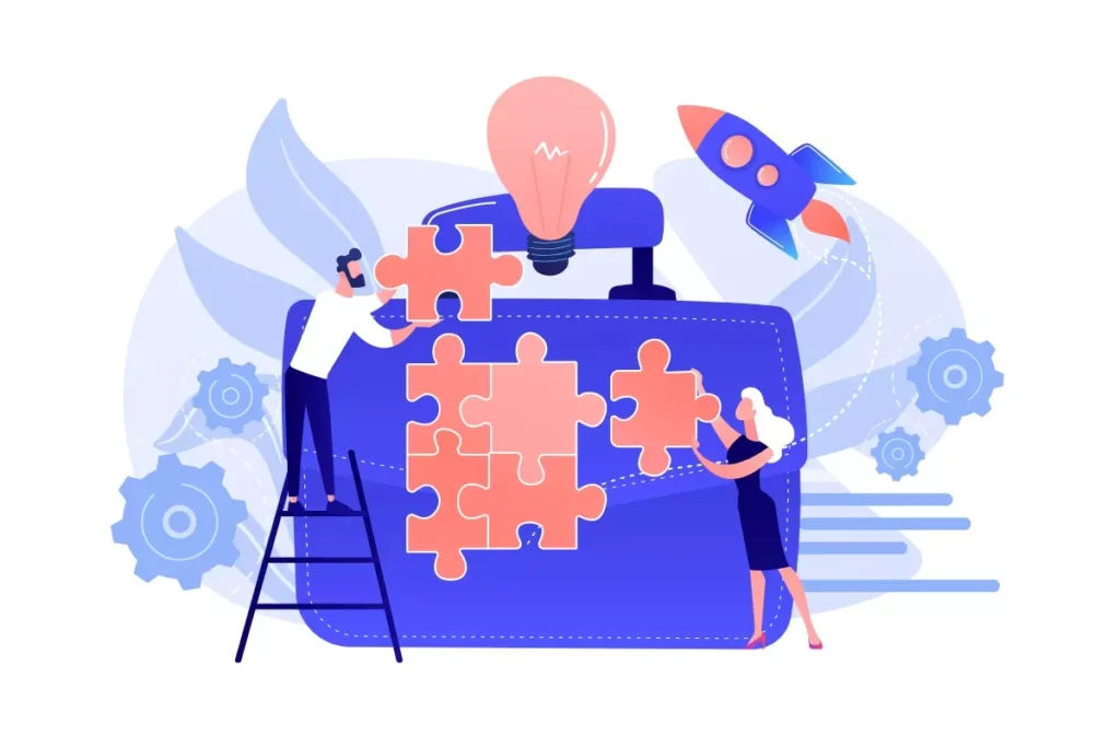 Ilustração sobre a relação de trabalho doméstico, mostrando pessoas montando um quebra-cabeça com uma carteira, representando organização e parceria no ambiente doméstico.