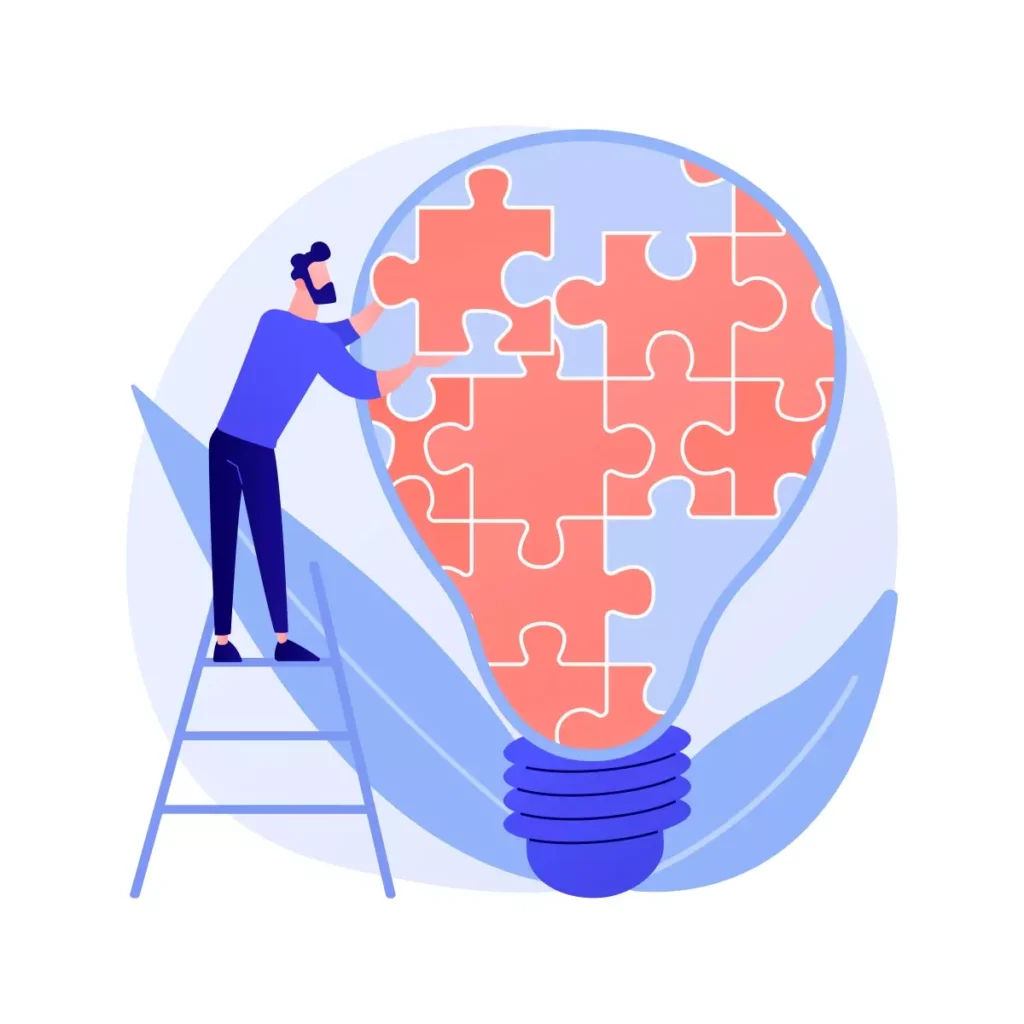 Ilustração que representa a relação de trabalho doméstico, mostrando uma pessoa colocando peças de quebra-cabeça dentro de uma lâmpada, simbolizando ideias e estratégias.