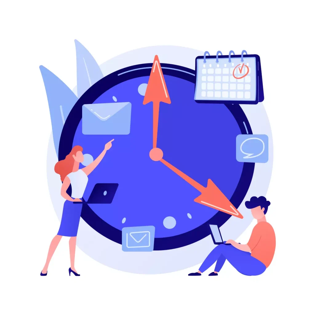Imagem ilustrativa sobre a jornada de trabalho 12x36, mostrando pessoas utilizando computadores e telefonemas, com um grande relógio ao centro representando o horário de trabalho.