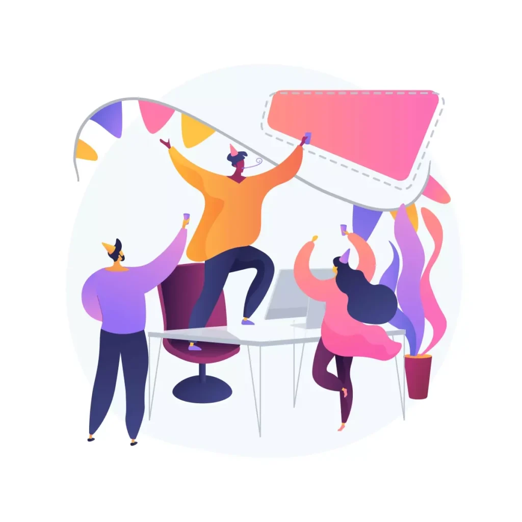Ilustração representando obrigações de final de ano do empregador doméstico, com pessoas celebrando e realizando tarefas de organização e pagamento.