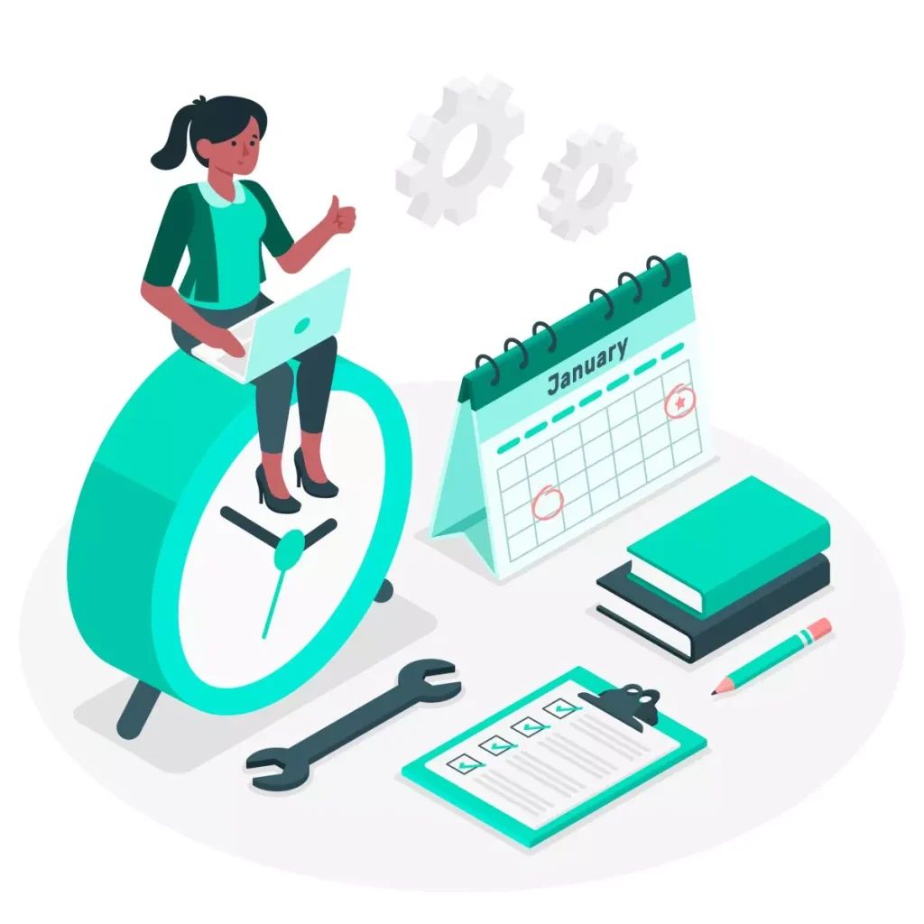 Ilustração mostrando a importância do registro de ponto do empregado doméstico, com elementos como relógio, calendário, laptop e ferramentas de controle, destacando a gestão eficiente dos horários de trabalho.