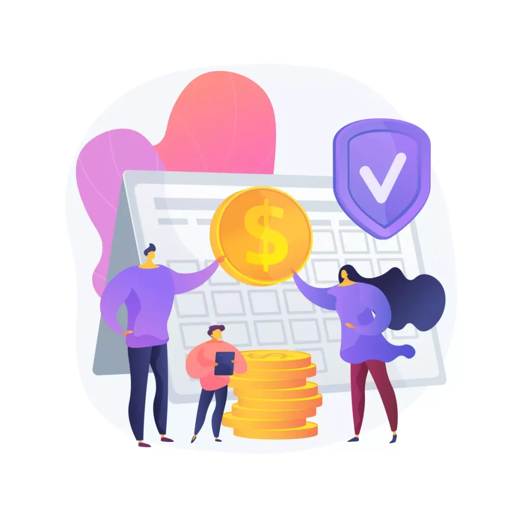 Ilustração destacando o processo de acesso ao seguro-desemprego do empregado doméstico, com figuras humanas, símbolo de dinheiro, check e shield de proteção.