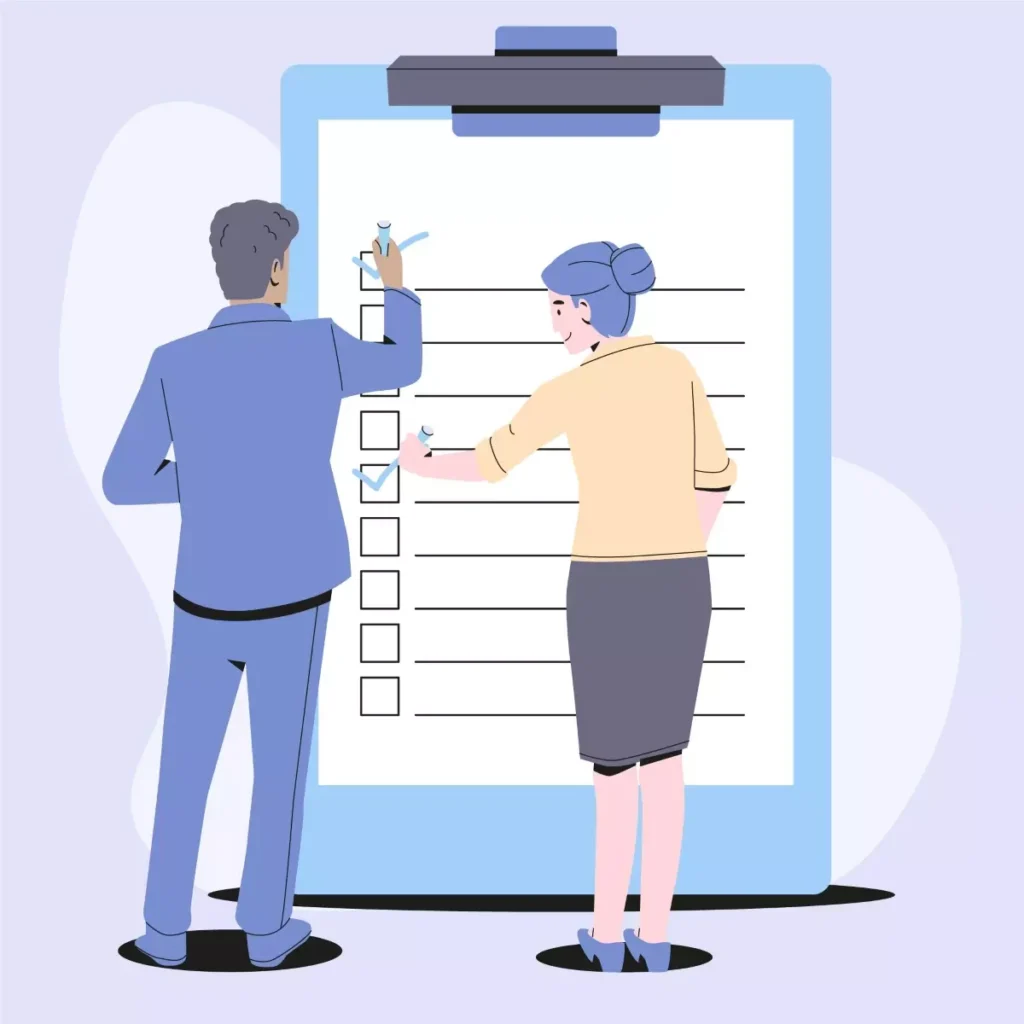 Ilustração de duas pessoas fazendo uma lista de tarefas, representando o trabalho das babás e as responsabilidades no cuidado infantil.