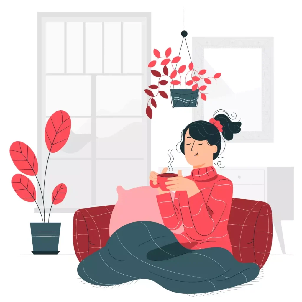 Mulher relaxando em casa, representando o descanso semanal remunerado da empregada doméstica, com ambiente confortável, plantas e uma janela ao fundo.