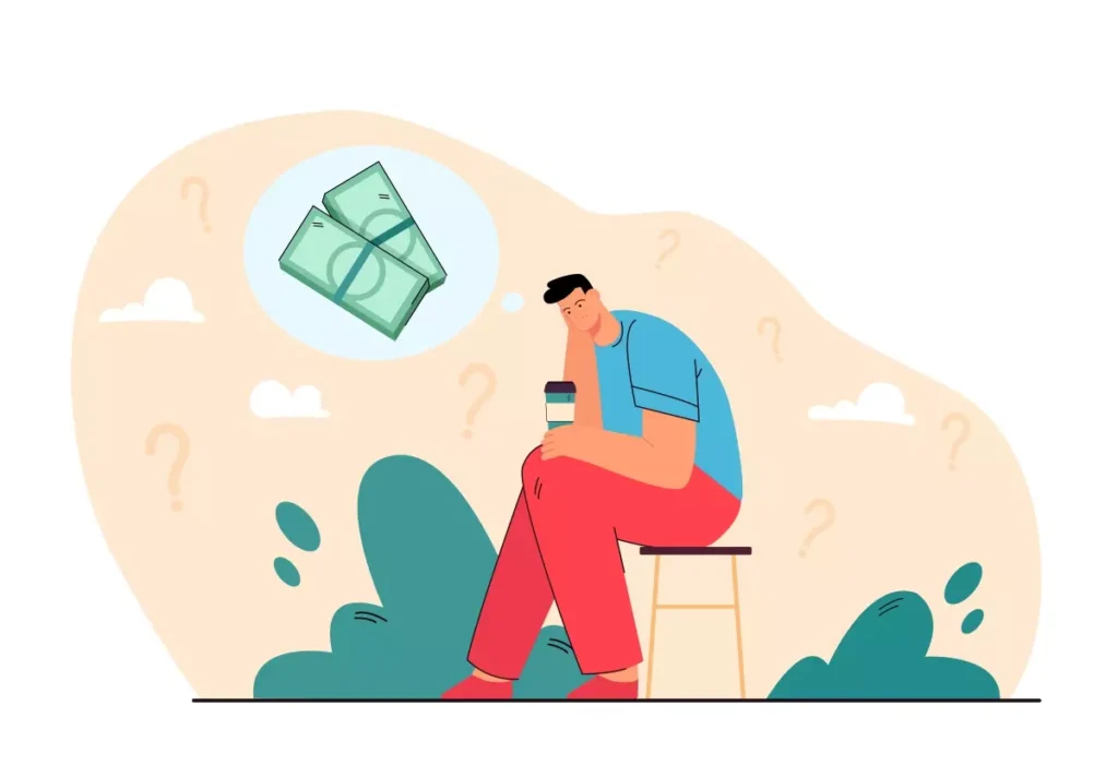 Ilustração de um homem pensando com ícones de dinheiro, representando a apropriação indébita previdenciária e questões relacionadas ao esquema ilícito de retirada de benefícios sociais.