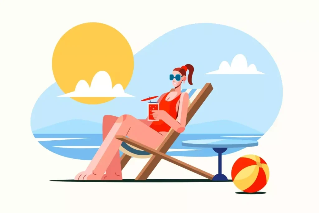 Ilustração de férias do empregado doméstico, com uma mulher relaxando na piscina e um homem lendo um livro deitado ao ar livre. Cenário ensolarado com jardim e diversão.