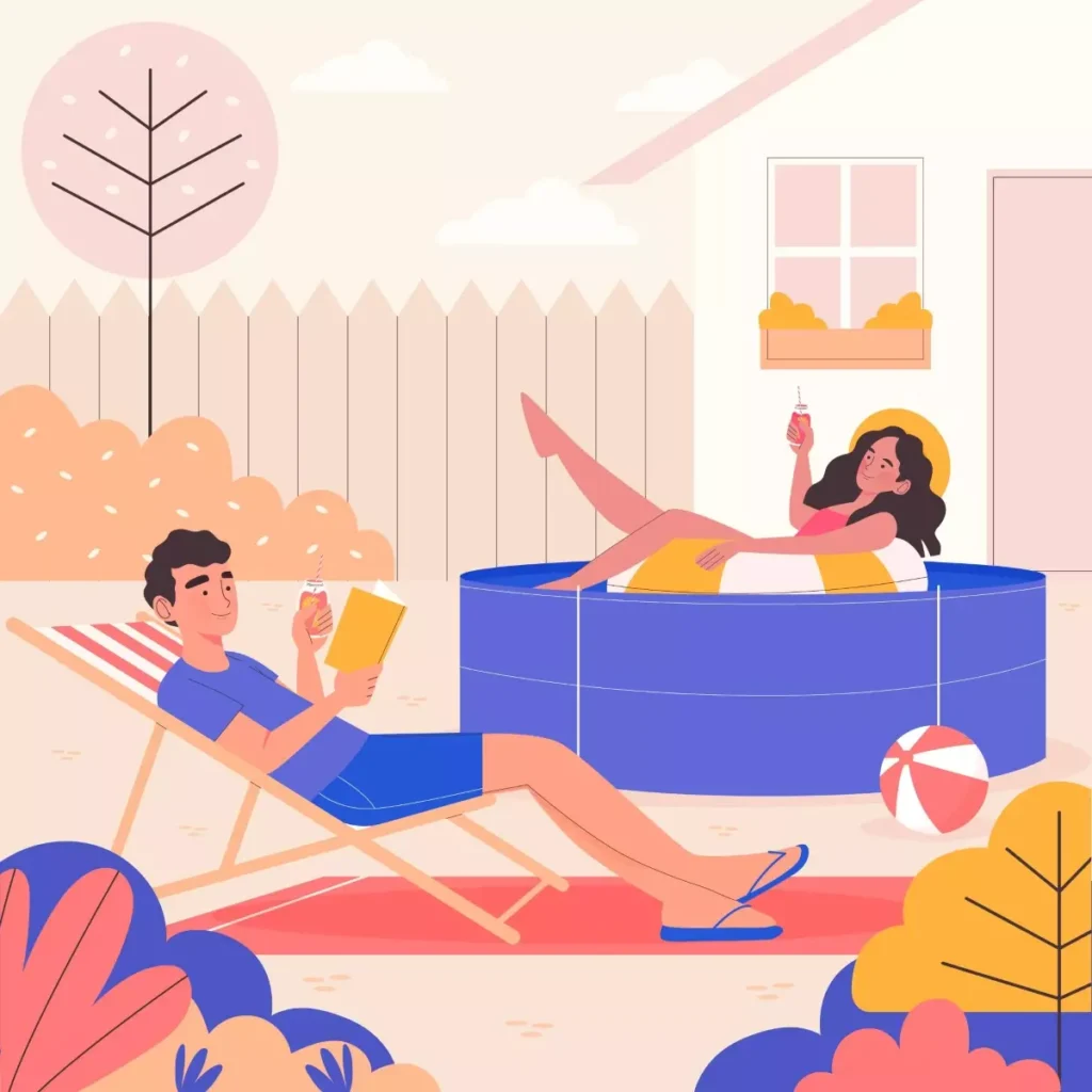 Ilustração de férias do empregado doméstico, com uma mulher relaxando na piscina e um homem lendo um livro deitado ao ar livre. Cenário ensolarado com jardim e diversão.