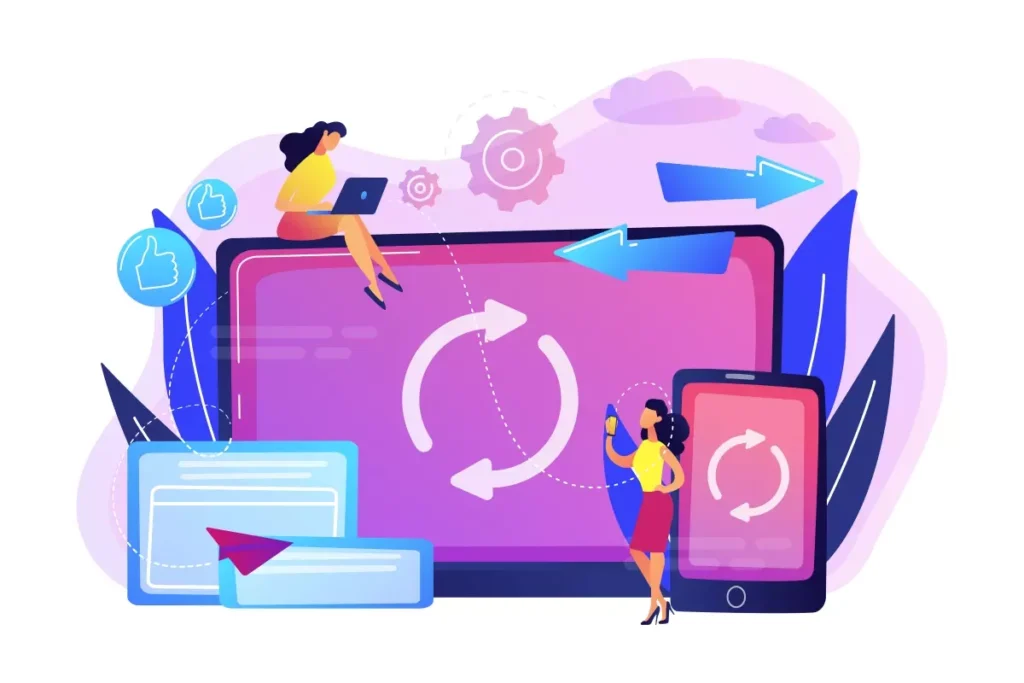 Ilustração digital representando mudanças no eSocial doméstico, com elementos tecnológicos e pessoas interagindo com dispositivos móveis e computadores.