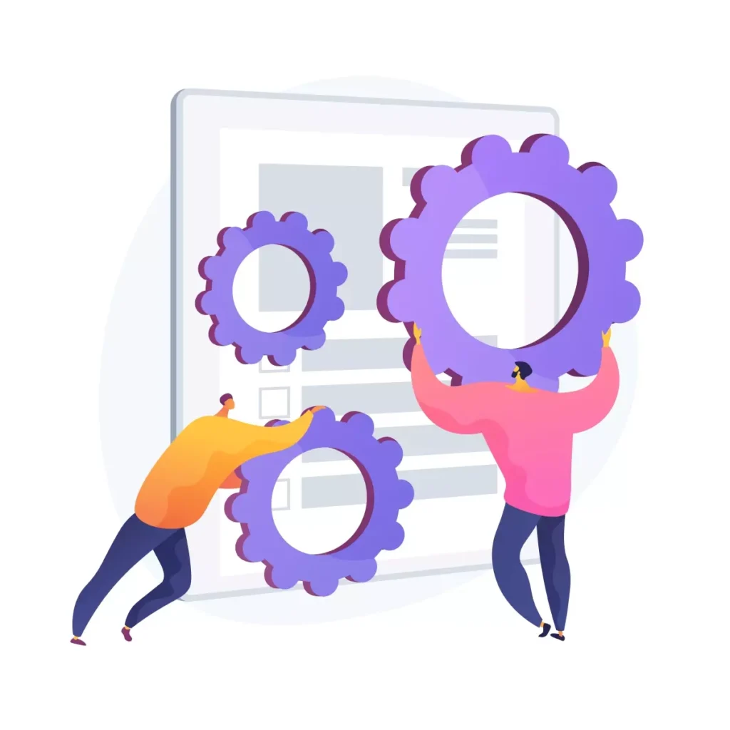 Ilustração representando mudanças no eSocial doméstico, com duas pessoas ajustando engrenagens, simbolizando atualizações e adaptações na legislação trabalhista.