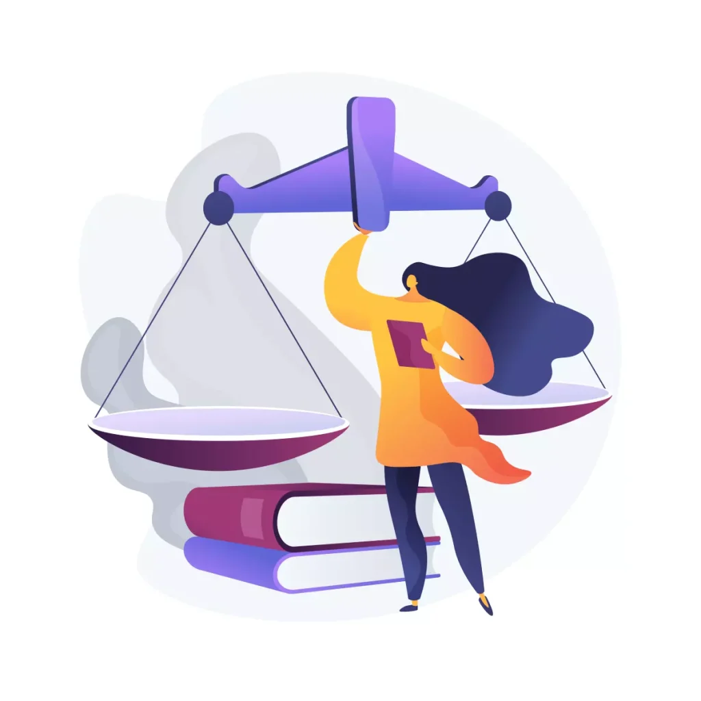 Ilustração representando a demissão por justa causa de uma empregada doméstica, com balança de justiça e livros na imagem.