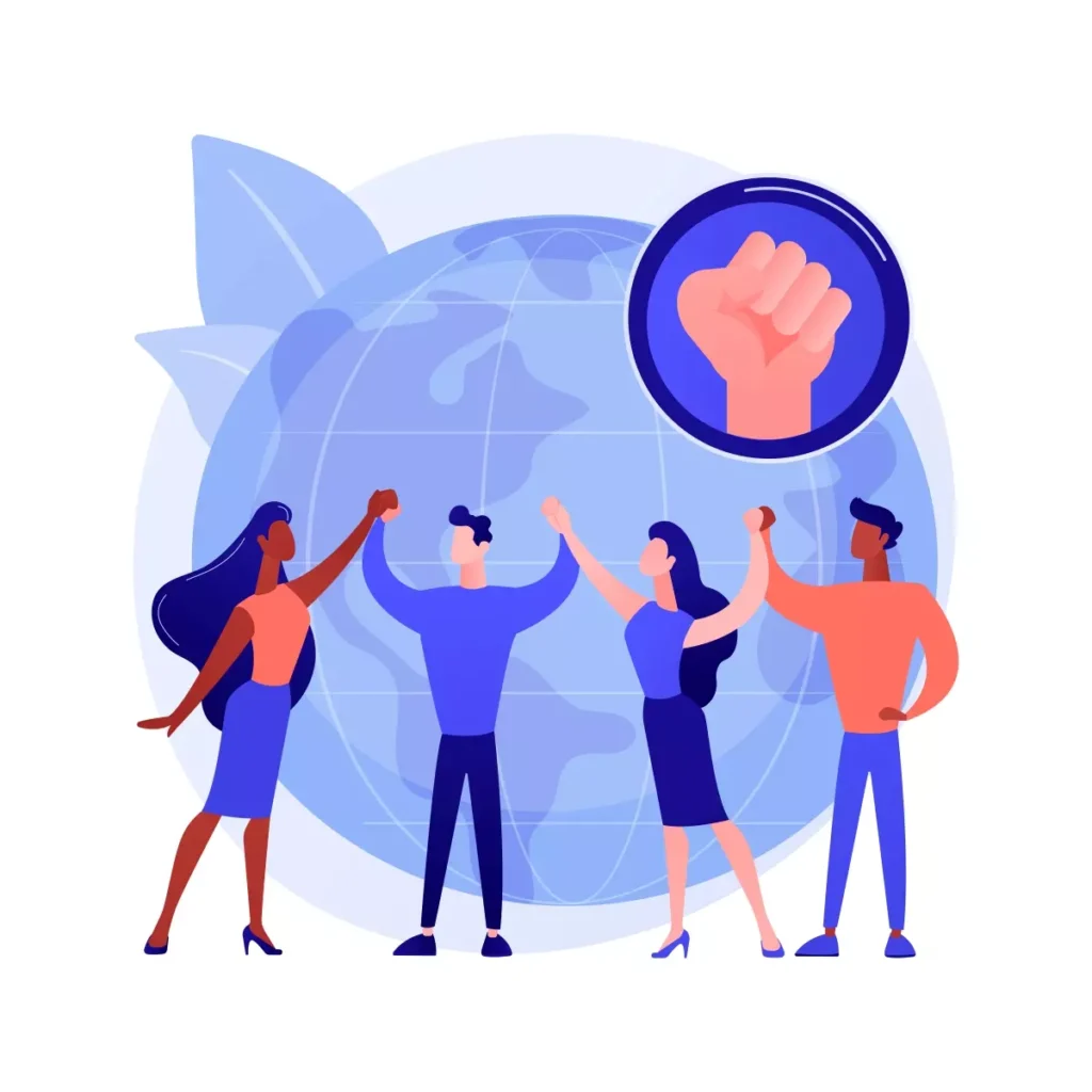Ilustração de pessoas celebrando um acordo coletivo com um símbolo de mão fechada em destaque, representando união e negociação trabalhista ao redor de um globo terrestre.