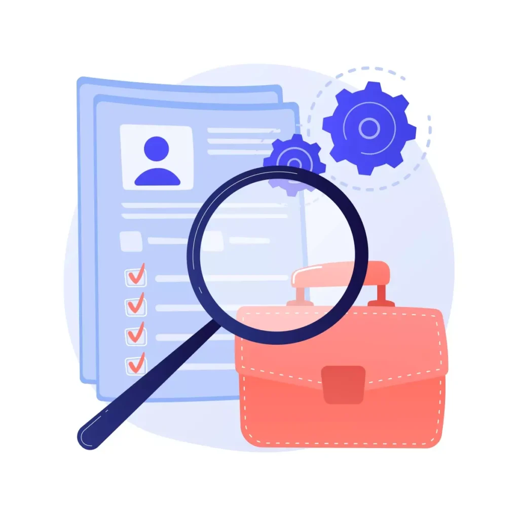 Ilustração relacionada à contratação de babá, com documentos, uma lupa, engrenagens e uma bolsa, representando o processo de seleção e contratação de profissionais para cuidar de crianças.