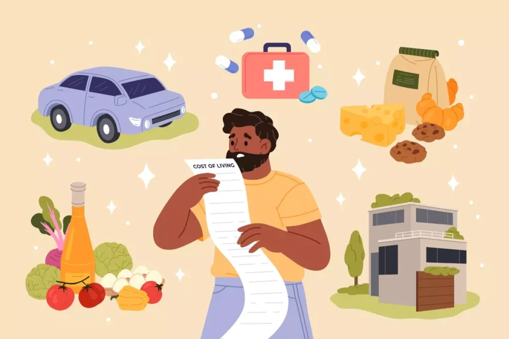 Homem segurando uma lista de custos de vida, com elementos relacionados a pensão alimentícia para empregada doméstica, incluindo carro, alimentos, medicamentos e moradia.