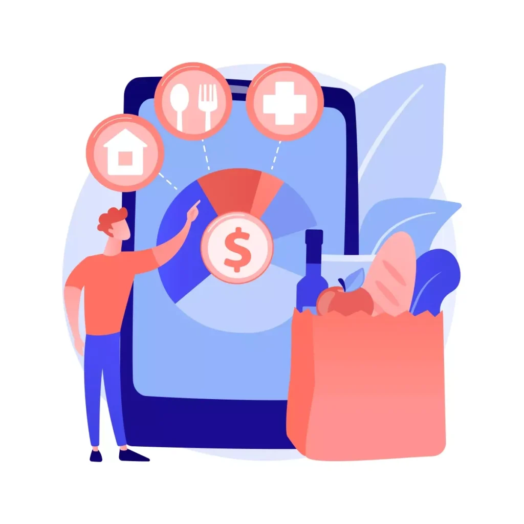 Imagem ilustrativa representando pensão alimentícia para empregada doméstica, com gráficos, dinheiro, alimentos e elementos relacionados a benefícios sociais.