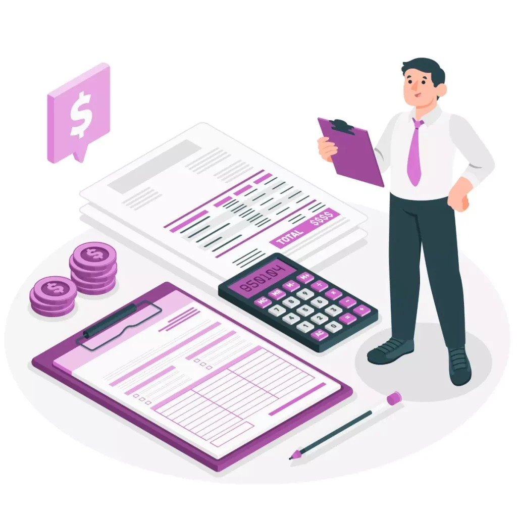 Ilustração de uma pessoa gerenciando cálculos financeiros usando planilhas, calculadora, e documentos, com foco em facilitar os cálculos da empregada doméstica.