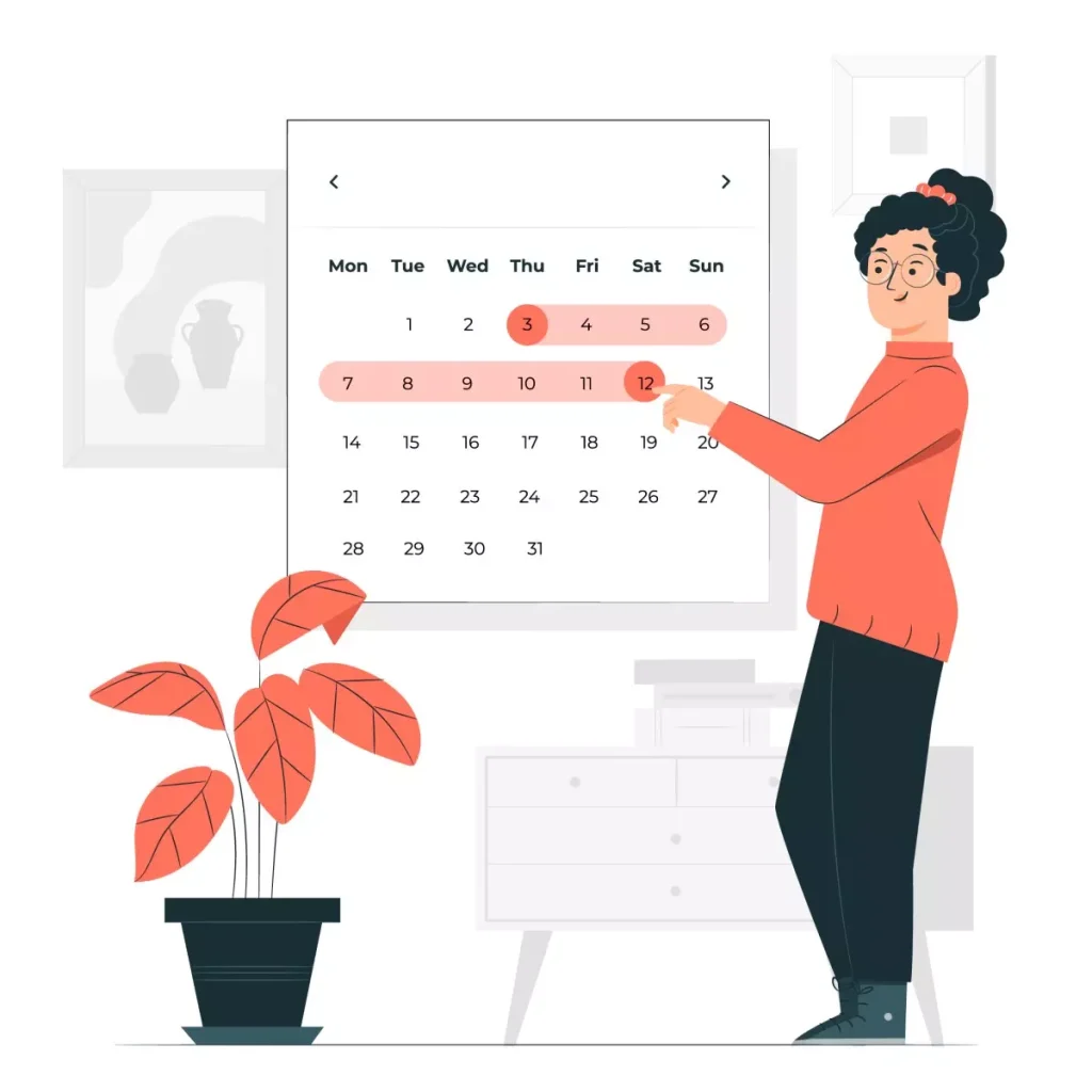 Imagem ilustrativa de uma empregada doméstica apontando para um calendário, simbolizando o planejamento de férias antecipadas. Ideal para quem busca informações sobre direitos e benefícios das empregadas domésticas.