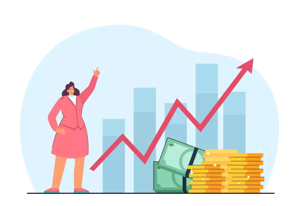 Ilustração representando aumento do salário da doméstica, com uma mulher apontando para crescimento de gráficos financeiros, dinheiro e sucesso.