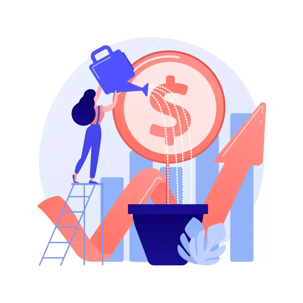 Ilustração representando aumento do salário da doméstica, com uma mulher regando uma planta em forma de dólar, simbolizando crescimento salarial.