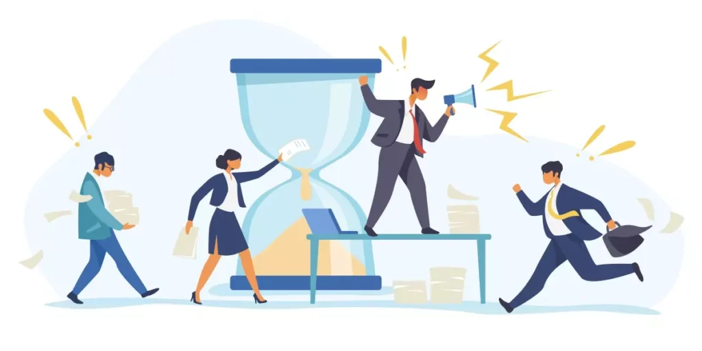 Imagem ilustrativa sobre o código de acesso do eSocial expirado, com pessoas tentando resolver o problema usando diferentes ações. Cenário de estresse e urgência.