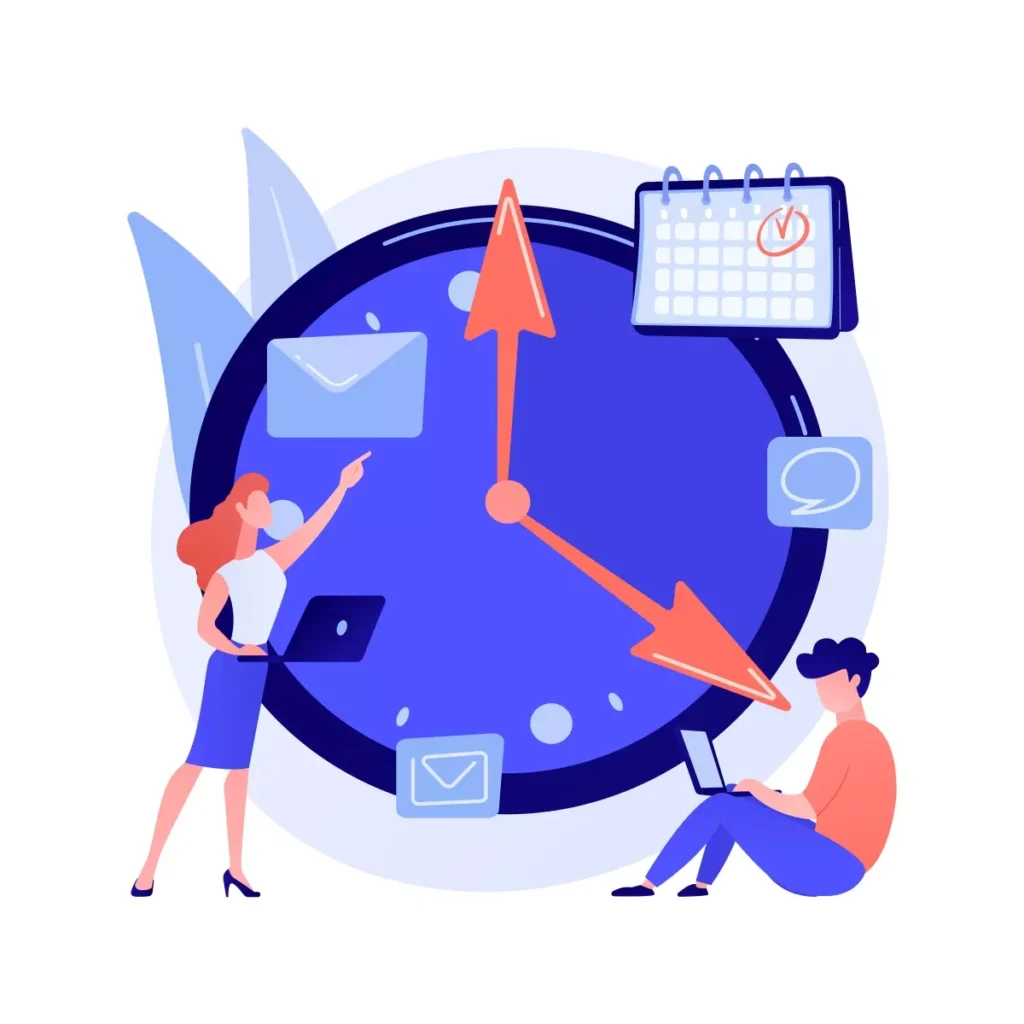 Ilustração representando o problema do código de acesso do eSocial expirado, com um relógio e pessoas usando dispositivos eletrônicos. Indica a urgência na atualização do código de acesso.