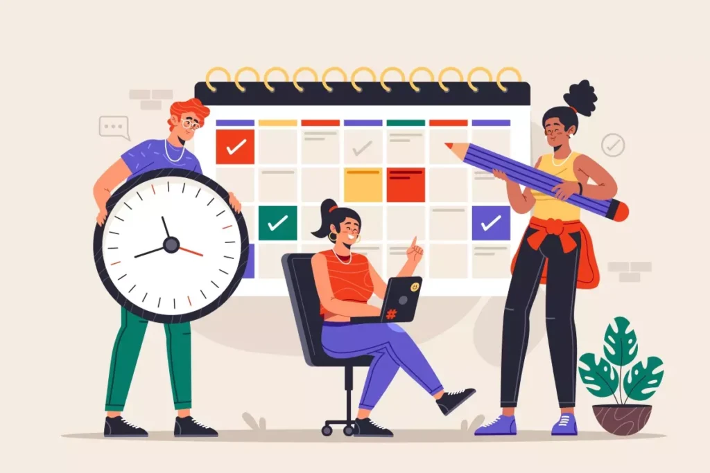 Ilustração de pessoas planejando ponto facultativo para domésticas com calendário e prancheta, promovendo organização do trabalho.