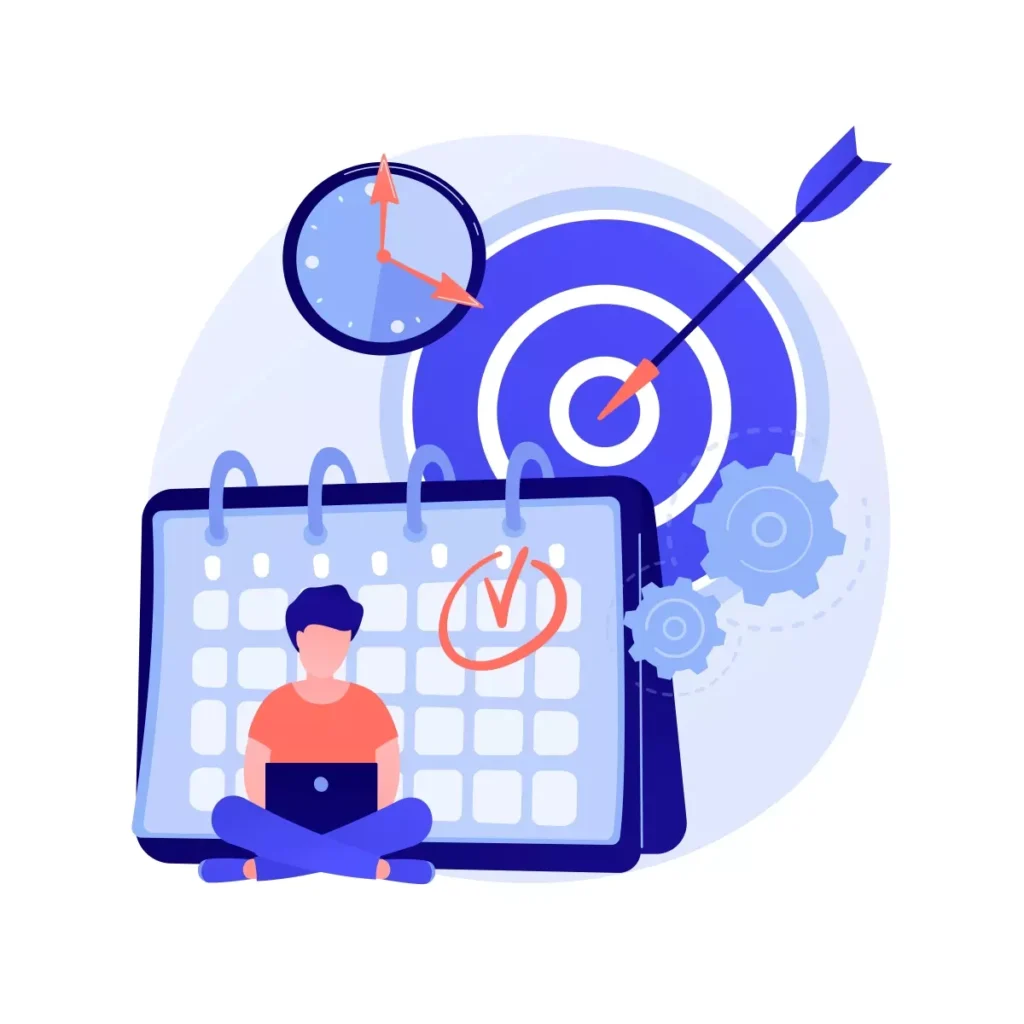 Ilustração representando planejamento de ponto facultativo para domésticas, com calendário, alvo e relógio, destacando datas importantes para trabalhadores domésticos.