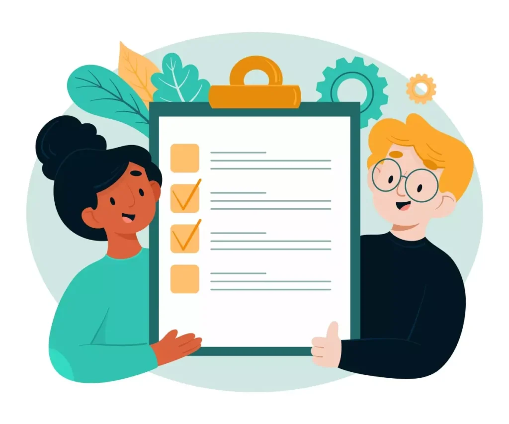 Ilustração de duas pessoas felizes com uma lista de tarefas, representando trabalho externo ou atividades ao ar livre.