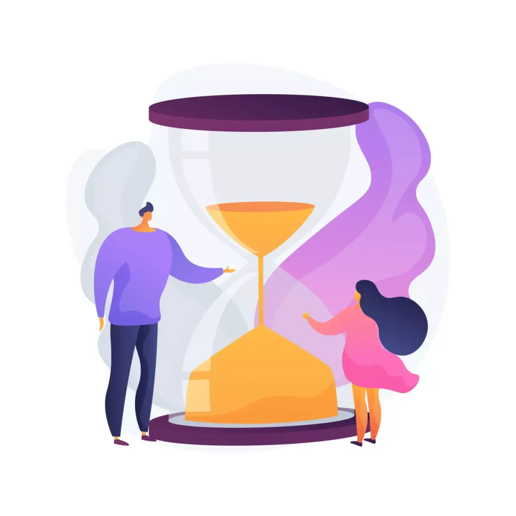 Ilustração de um relógio de areia com uma dona de casa e uma empregada doméstica, simbolizando o cálculo do valor de hora extra para doméstica.