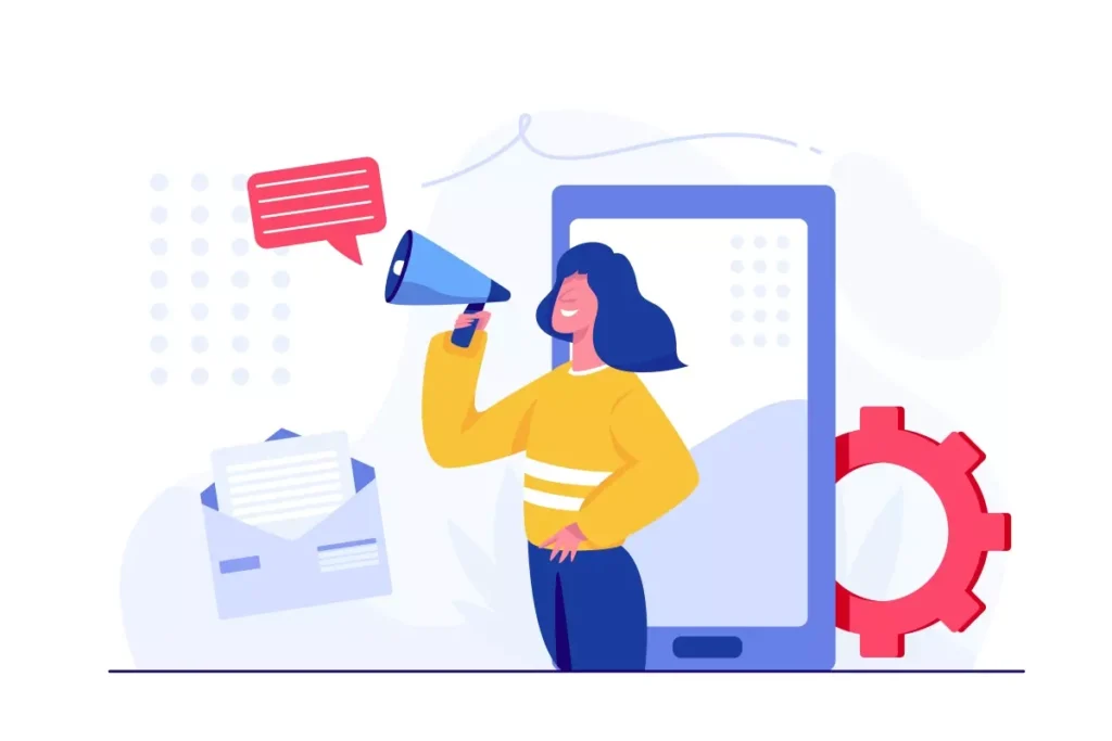 Ilustração de uma mulher com roupa amarela e cabelo escuro, segurando um megafone, emergindo de um smartphone, representando aviso prévio do empregado doméstico, com elementos relacionados a comunicação e trabalho.