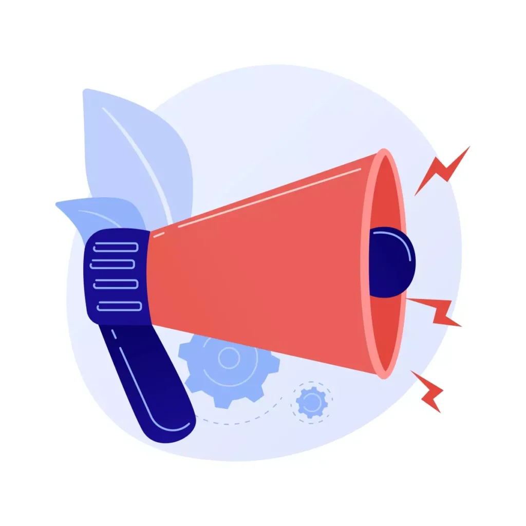 Ilustração de um megafone rosa com aviso de comunicação, simbolizando aviso prévio do empregado doméstico, com elementos de engrenagem ao fundo.