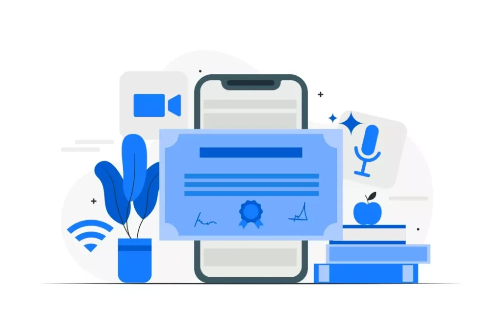 Imagem de uma carteira de trabalho digital, exibida em um celular, com elementos relacionados ao eSocial, como certificado, microfone, e livros, simbolizando a digitalização e gerenciamento de documentos trabalhistas.