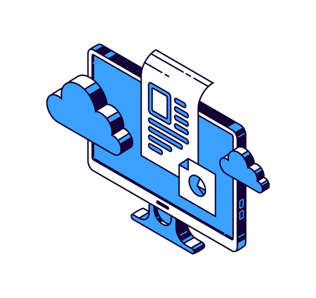 Imagem digital ilustrativa de uma carteira de trabalho e eSocial, com um documento sendo exibido em um monitor de computador e nuvens ao lado, simbolizando o armazenamento na nuvem.
