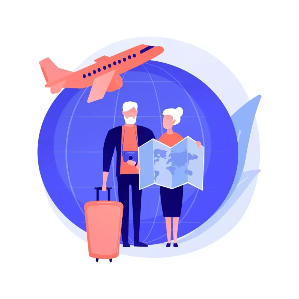 Cuidador de idosos em viagem, acompanhando uma pessoa idosa com mapa e mala, simbolizando assistência durante viagens e momentos de lazer.