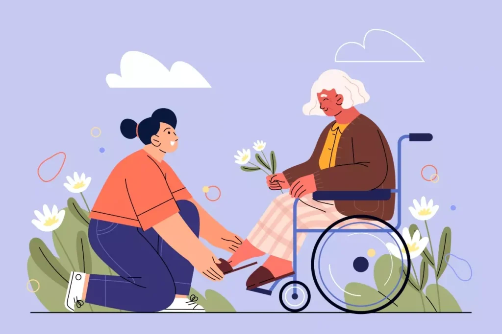 Ilustração de uma cuidadora de idosos ajudando uma senhora em uma cadeira de rodas ao ar livre, em um ambiente floral e tranquilo, simbolizando cuidado e atenção.