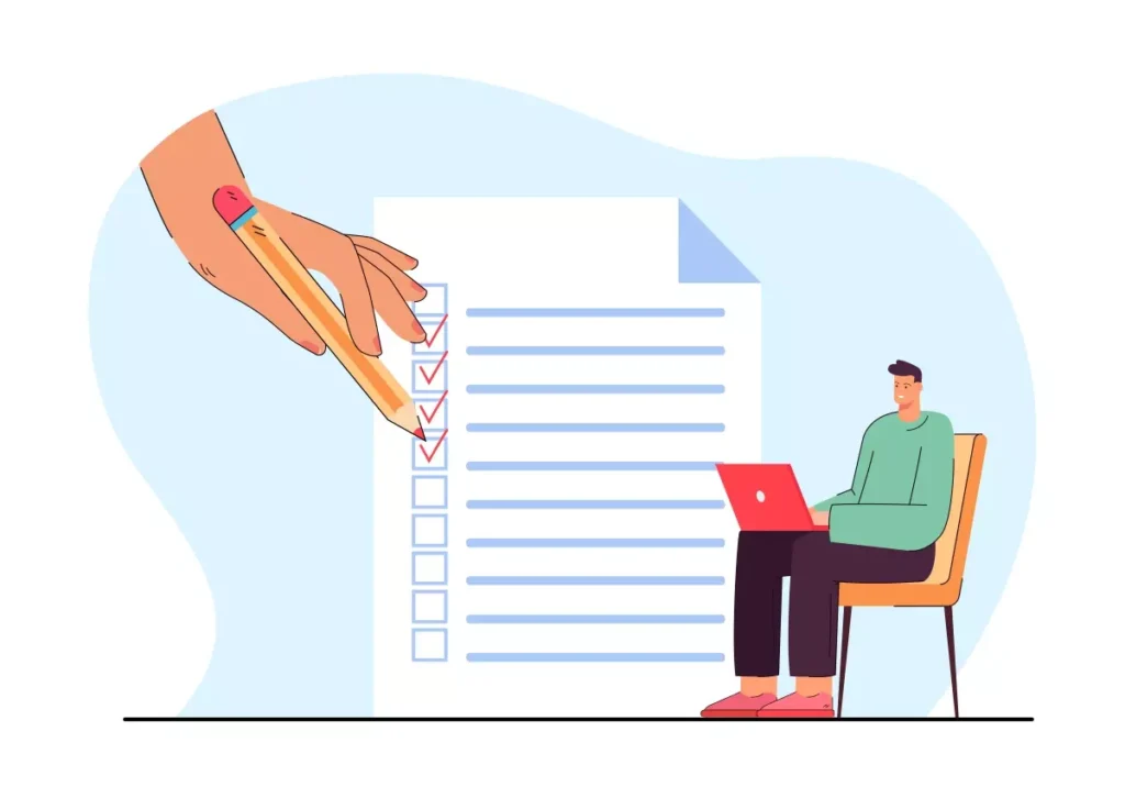 Ilustração de uma pessoa sentada usando um laptop com uma lista de tarefas ao fundo e uma mão marcando uma opção na lista, simbolizando processos burocráticos relacionados a demitir empregada doméstica grávida.
