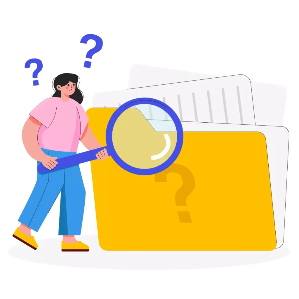 Ilustração de uma mulher jovem observando arquivos e fichas, com símbolo de lupa destacando dúvidas relacionadas ao tema 'demitir empregada doméstica grávida'