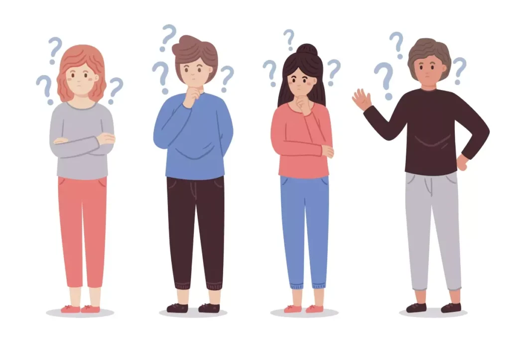 Ilustrações de quatro pessoas com dúvidas sobre relação anual de informações sociais para empregadas domésticas, destacando a importância do tema para trabalhadores e empregadores.