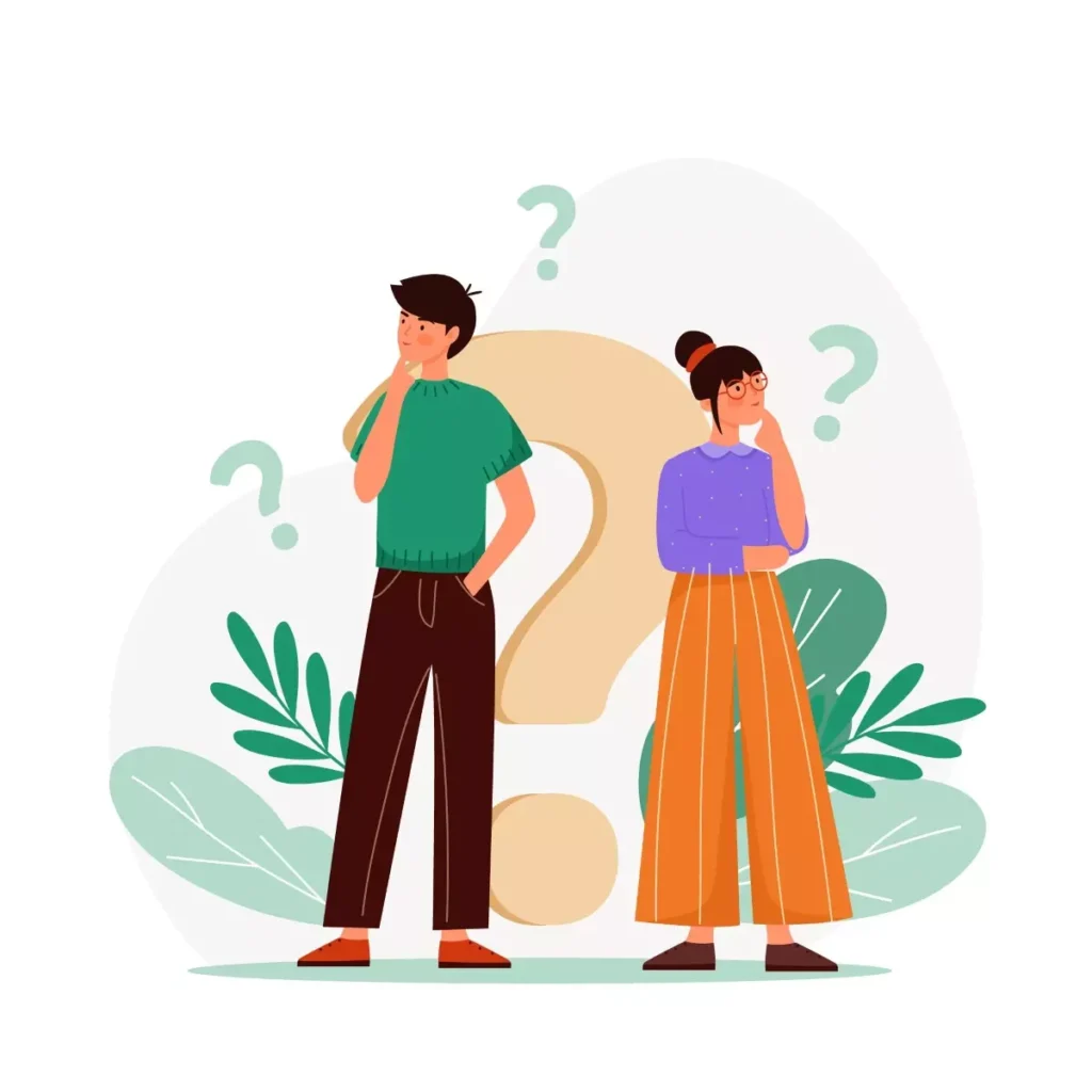 Ilustração de um homem e uma mulher pensando com interrogações ao redor, representando dúvidas sobre a relação anual de informações sociais para empregadas domésticas.