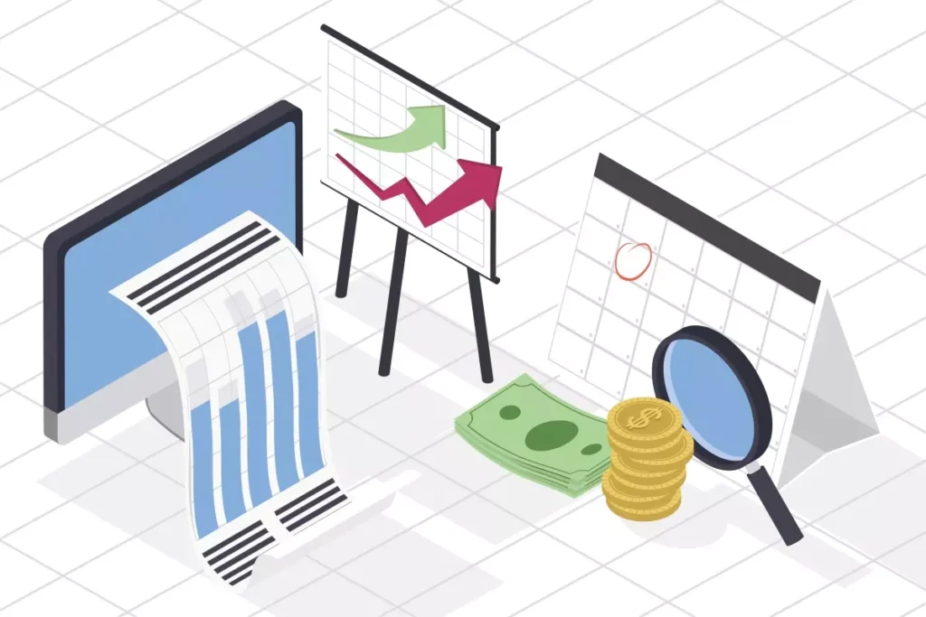 Ilustrações sobre adiantamento de salário para domésticas, com gráficos, dinheiro, e lupa, destacando facilidades financeiras para trabalhadoras domésticas.