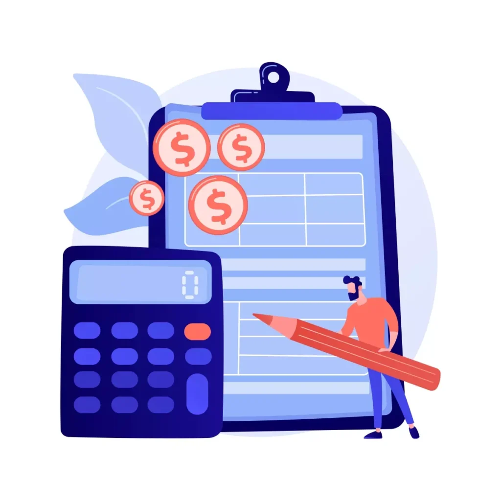 Ilustração representando adiantamento de salário para domésticas, com calculadora, planilha de pagamento, moedas e uma pessoa escrevendo, destacando facilidades para o trabalhador doméstico.