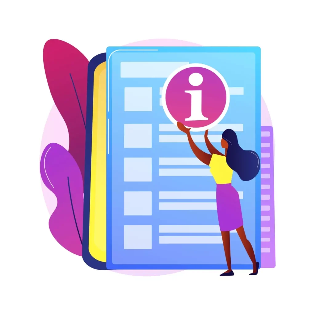 Ilustração de uma mulher segurando um símbolo de informação, representando guias DAE nunca recolhidas, com fundo de documentos digitais e elementos decorativos coloridos.