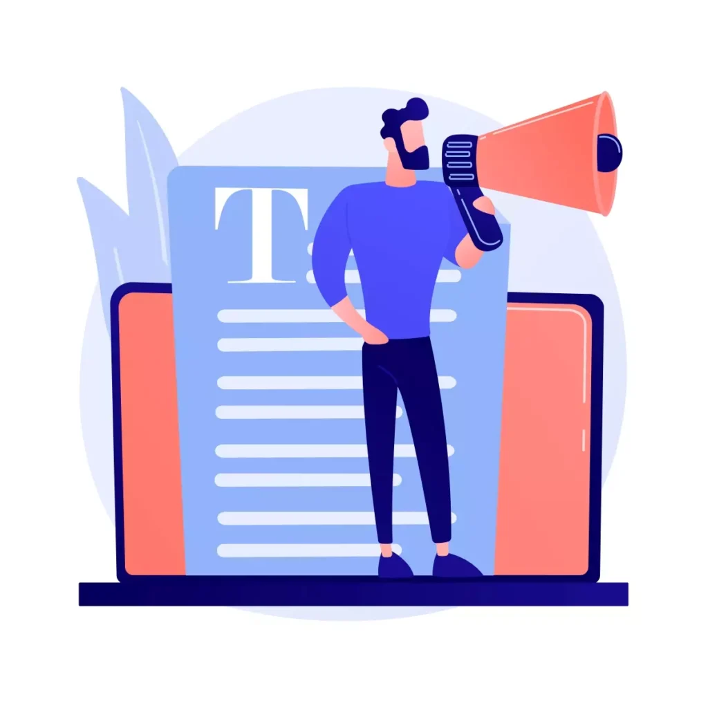 Ilustração de uma pessoa com megafone ao lado de documentos digitais, representando o tema rescisão antecipada no contrato de experiência.